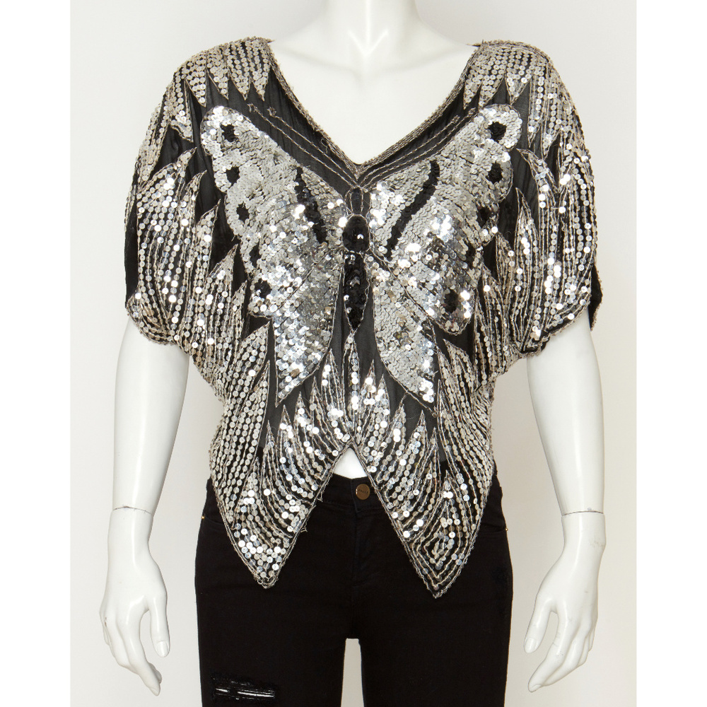 Vintage Silver Sequin/Beaded Butterfly Shirt